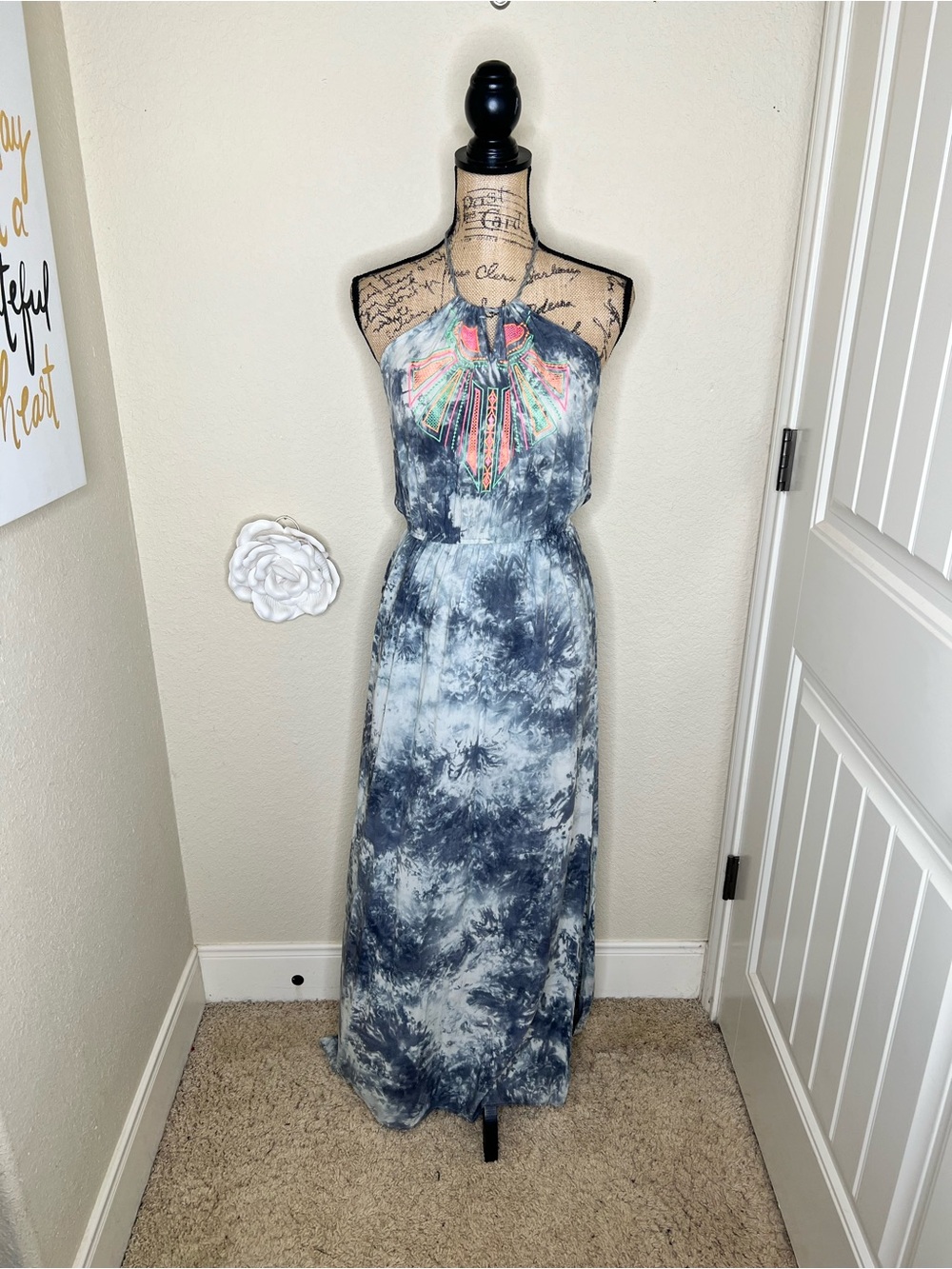NTM: Flying Tomato Tie Dye Embroidered Halter Maxi Dress Boho Festival Large
